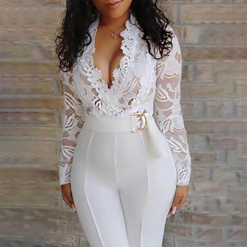White Lace Stitching Long Sleeve V-Neck Wide Leg Long Pants Jumpsuit in Jumpsuits & Rompers