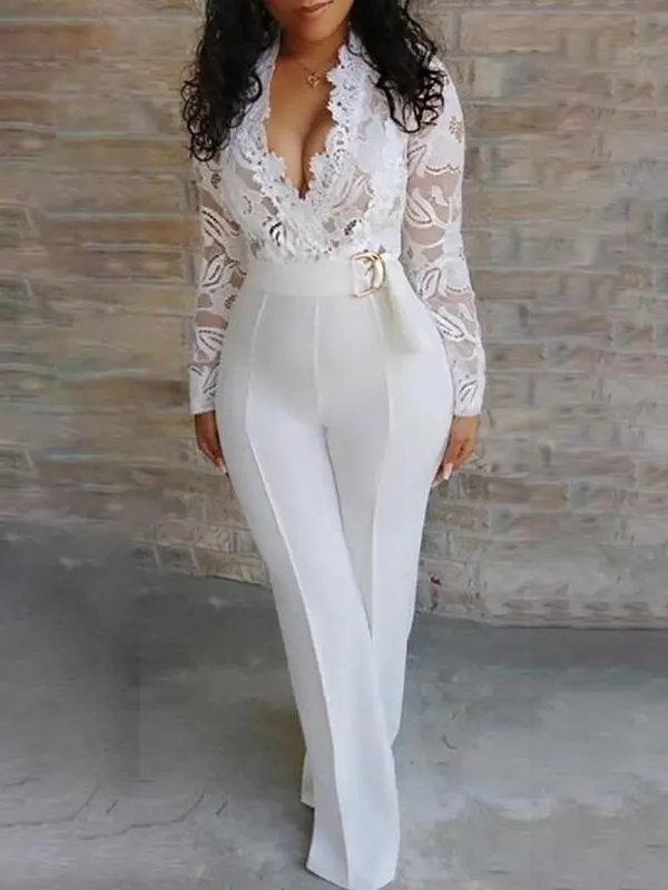 White Lace Stitching Long Sleeve V-Neck Wide Leg Long Pants Jumpsuit in Jumpsuits & Rompers