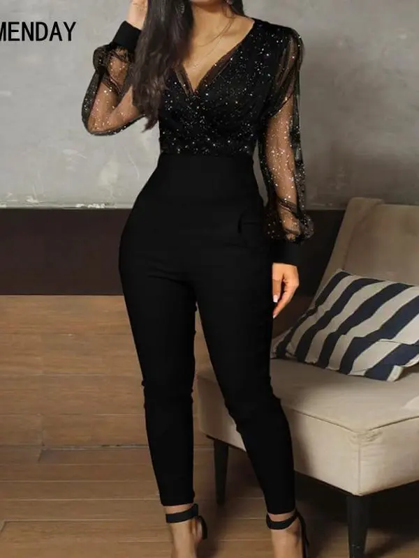 Black elegant sequins mesh glitter long pants one piece