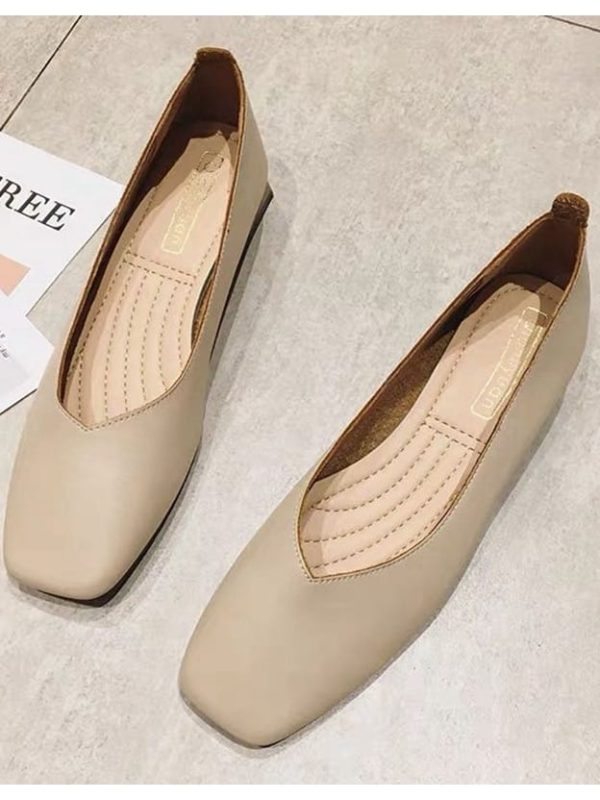 Wooden low heel ballet square toe shallow slip on loafer flats shoes