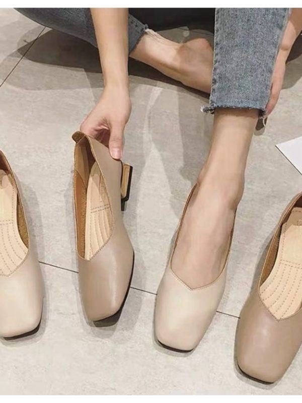 Wooden Low Heel Ballet Square Toe Shallow Slip On Loafer Flats Shoes in Flats