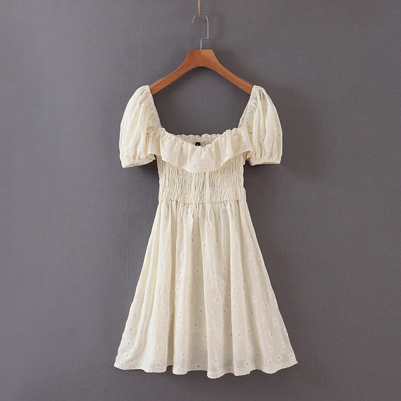 Ruffles Puffed Sleeves Square Neck Bow Waist Floral Pleated Dress - Dresses - Uniqistic.com