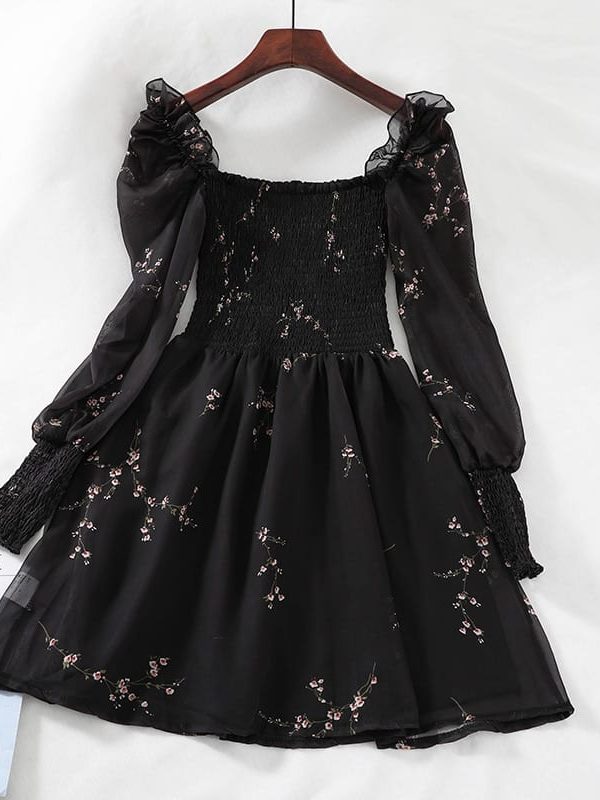 Black Vintage Flower Long Puff Sleeve Chiffon Mini Dress - Dresses - Uniqistic.com