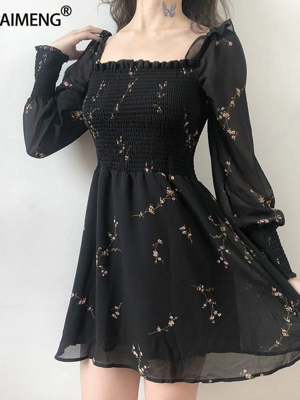Black Vintage Flower Long Puff Sleeve Chiffon Mini Dress - Dresses - Uniqistic.com