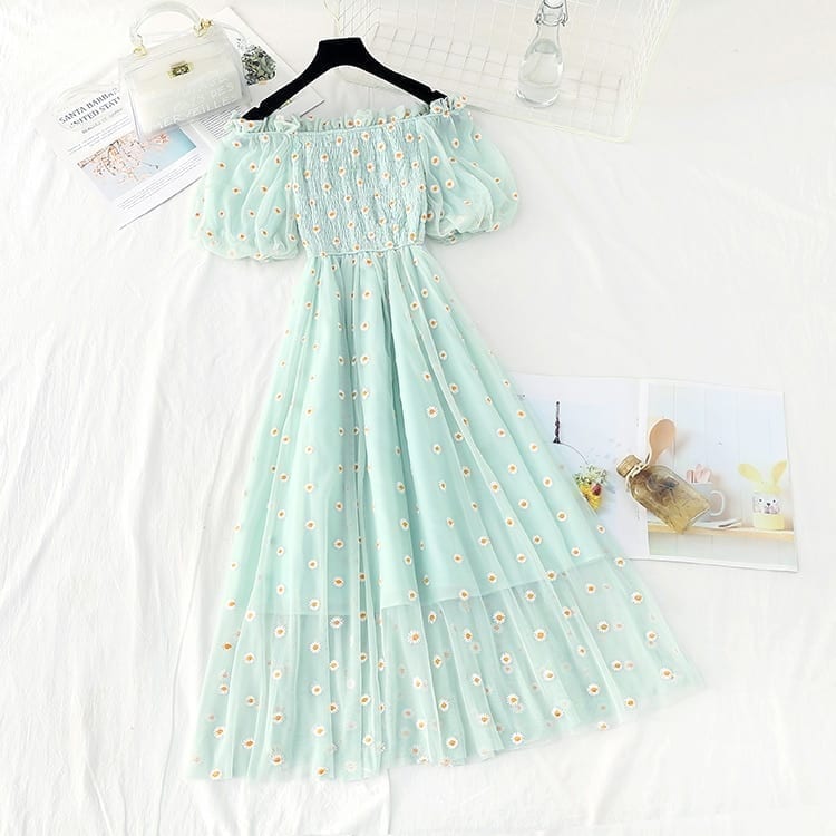Small Daisies Embroidery Mesh Off The Shoulder French Vintage Ruffle Dress in Dresses