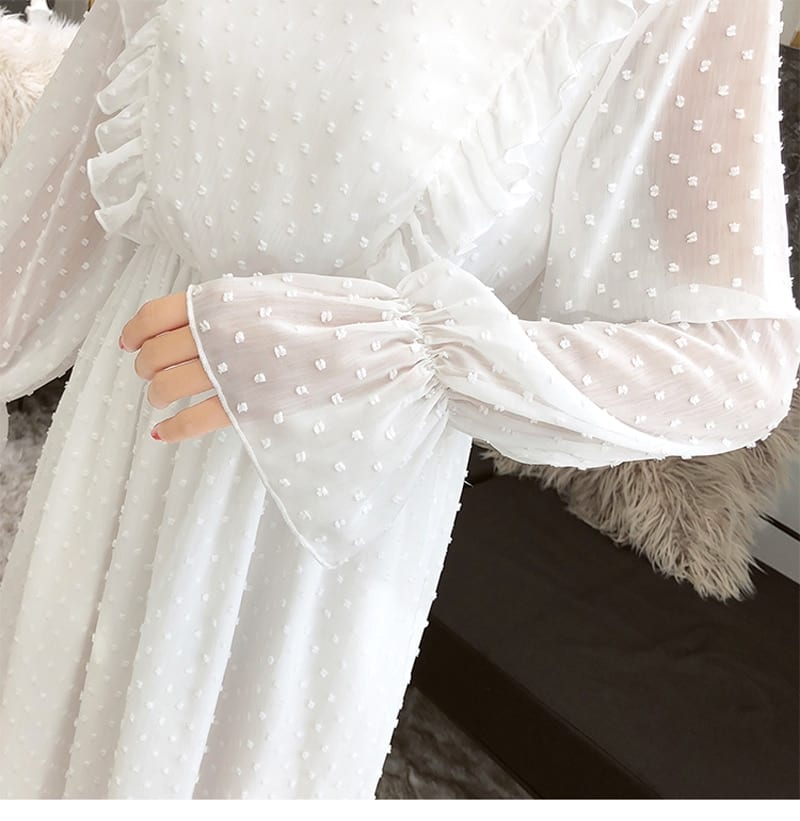 Elastic Waist Flare Sleeve Ruffles Polka Dot Chiffon A-Line White Dress in Dresses