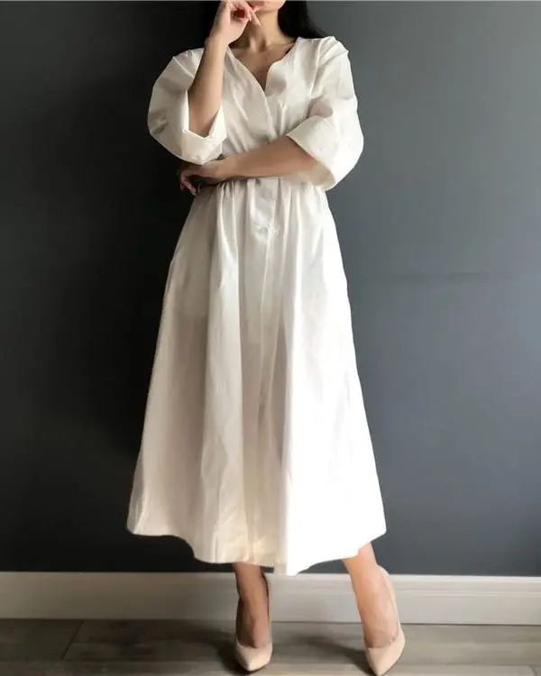 Elegant Cotton V Neck Lace Up Pleated Long White Dress - Dresses - Uniqistic.com