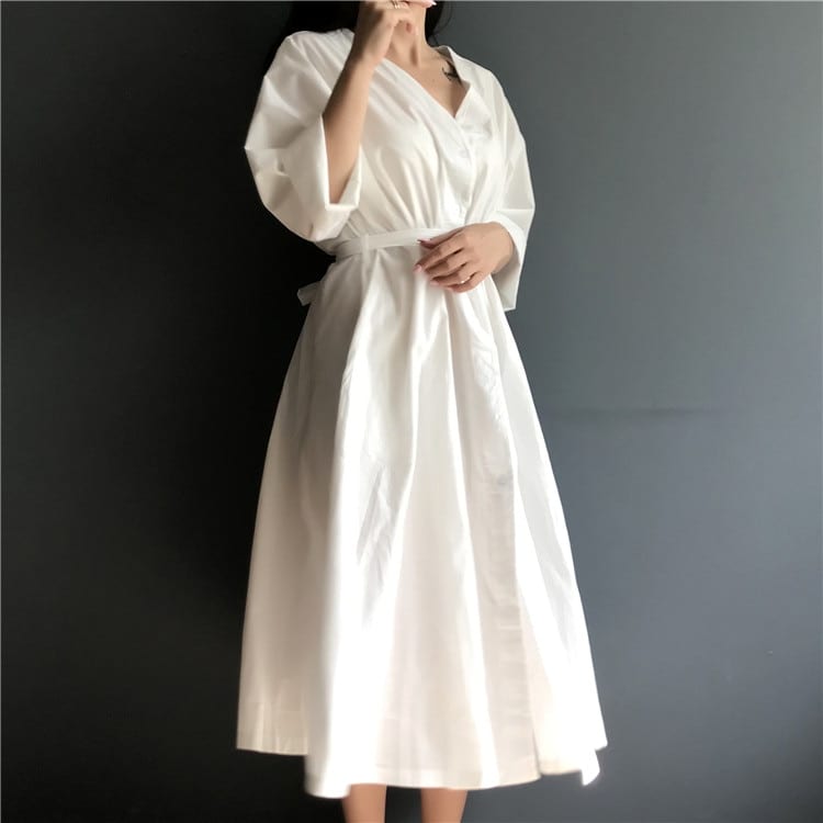 Elegant Cotton V Neck Lace Up Pleated Long White Dress | Uniqistic.com