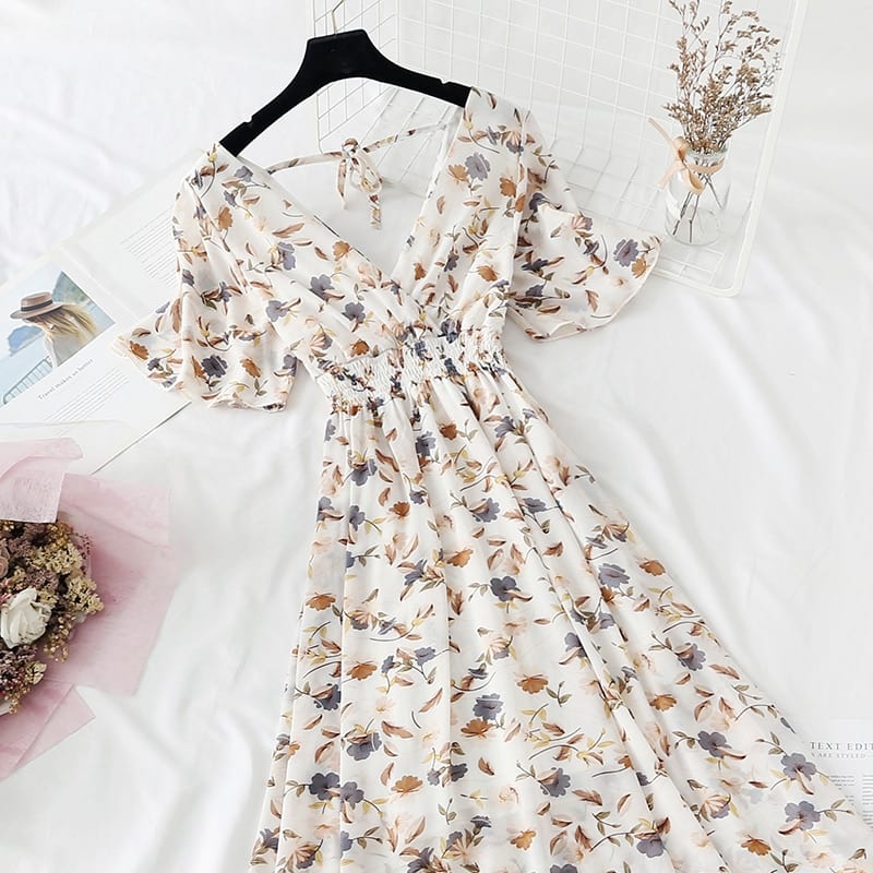 Summer Vintage Floral Chiffon Long Dress in Boho Summer Dresses