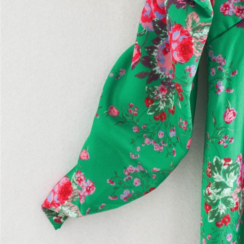 Vintage Backless Zipper Ruffled Floral Print Pleated Asymmetrical Midi Dress in Dresses