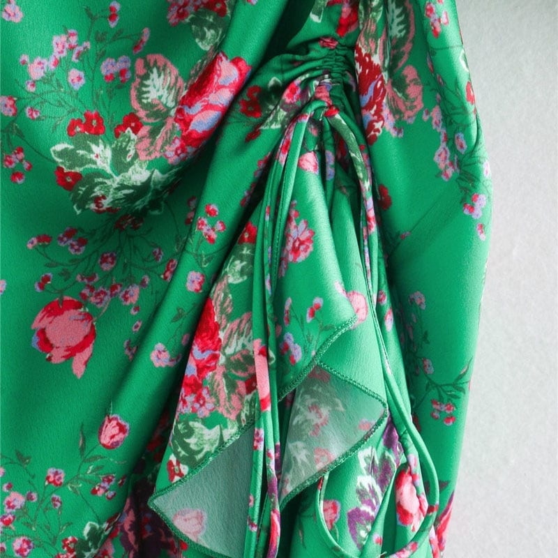 Vintage Backless Zipper Ruffled Floral Print Pleated Asymmetrical Midi Dress in Dresses