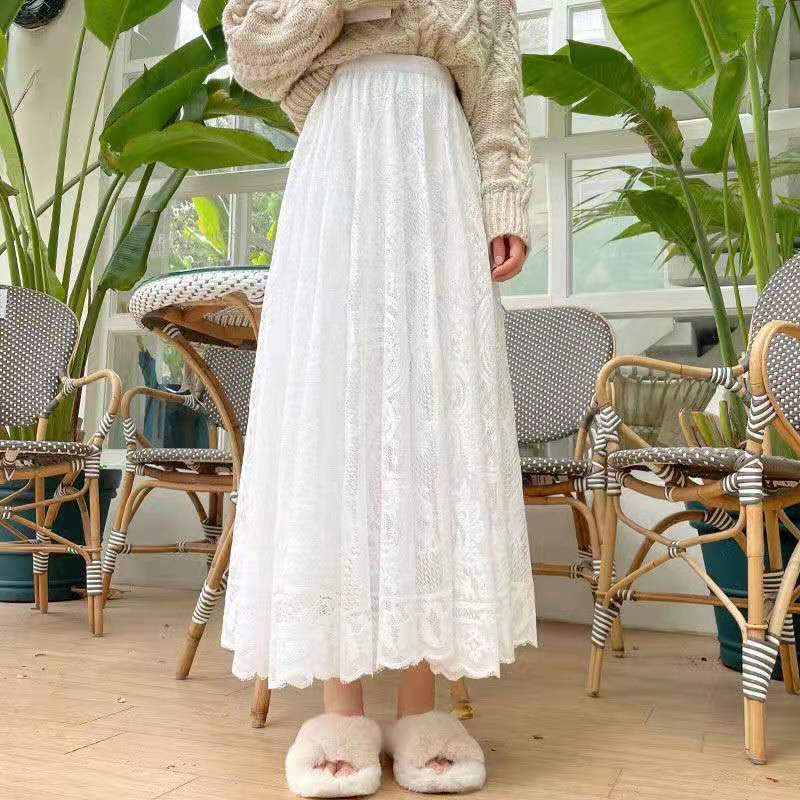 Elastic High Waist Lace A-Line Skirt in Skirts
