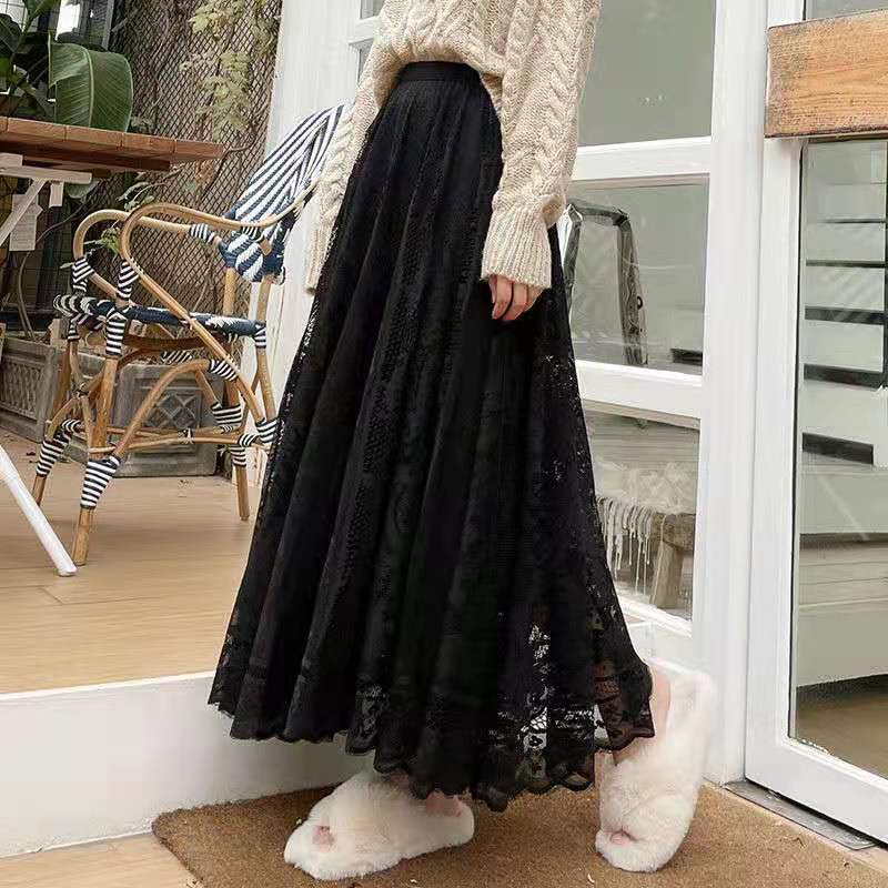 Elastic High Waist Lace A-Line Skirt in Skirts