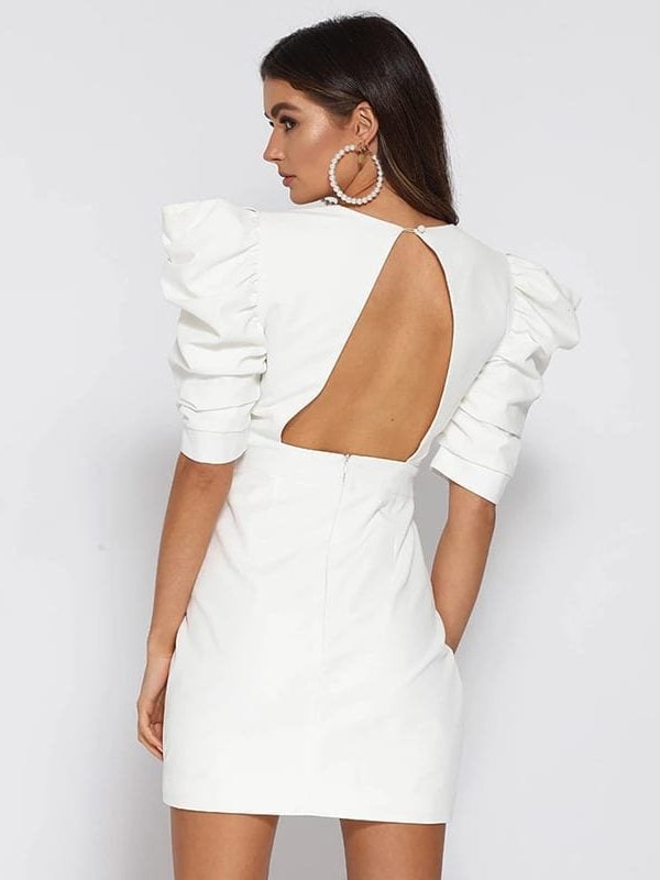 Puff Sleeve Backless V-Neck Buckle Wild Straight Dress in Dresses