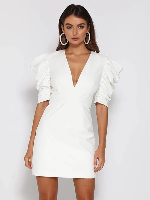 Puff Sleeve Backless V-Neck Buckle Wild Straight Dress in Dresses