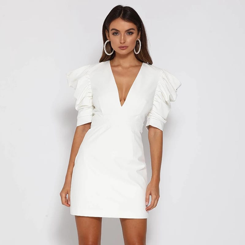 Puff sleeve backless v-neck buckle wild straight dress