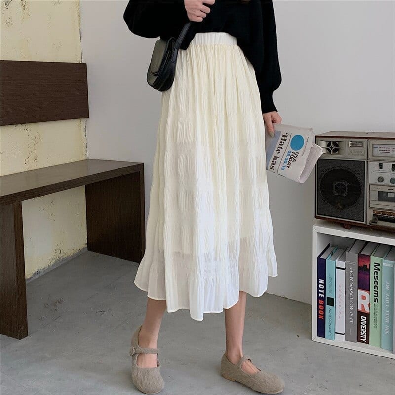 Elegance Pleated Retro High Waist Solid Elastic-Waist A-Line Skirt in Skirts