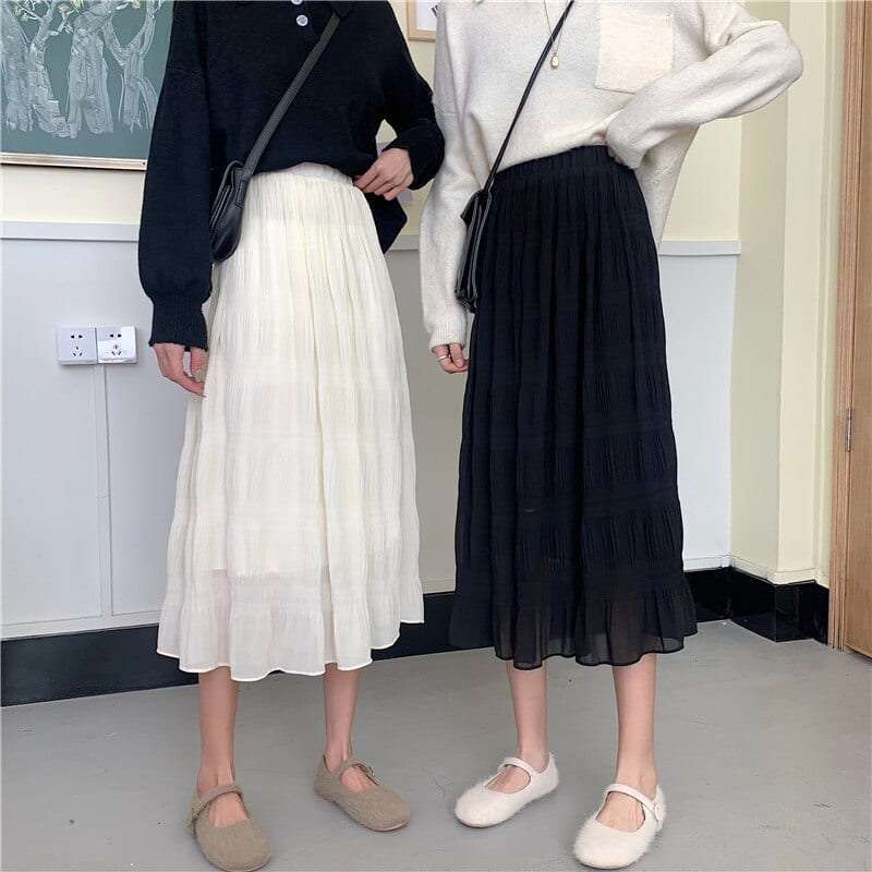 Elegance Pleated Retro High Waist Solid Elastic-Waist A-Line Skirt in Skirts
