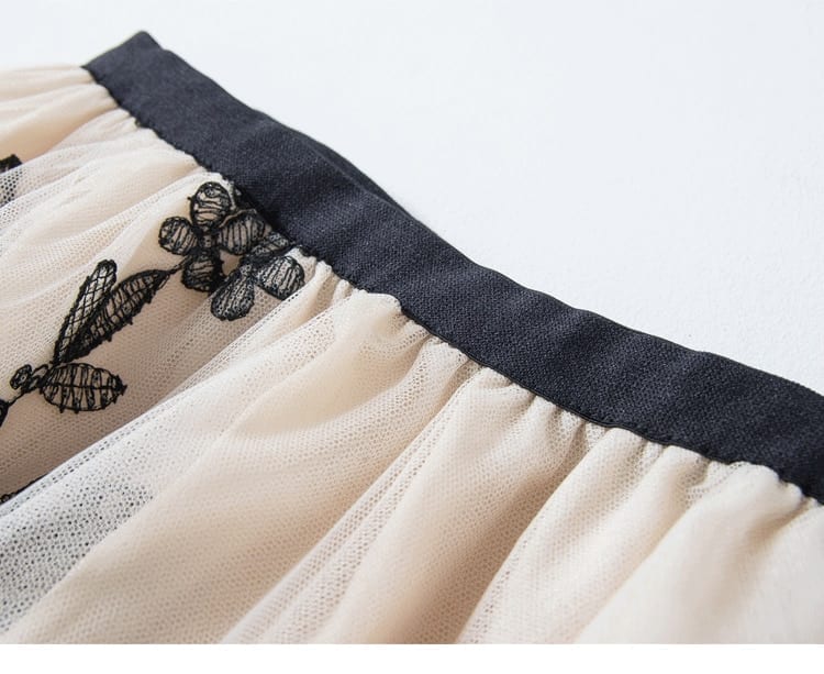 Embroidery butterfly mesh midi skirt