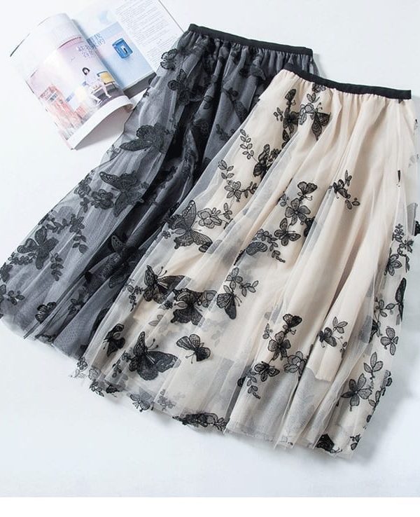 Embroidery Butterfly Mesh Midi Skirt - Skirts - Uniqistic.com