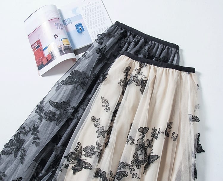 Embroidery Butterfly Mesh Midi Skirt - Skirts - Uniqistic.com