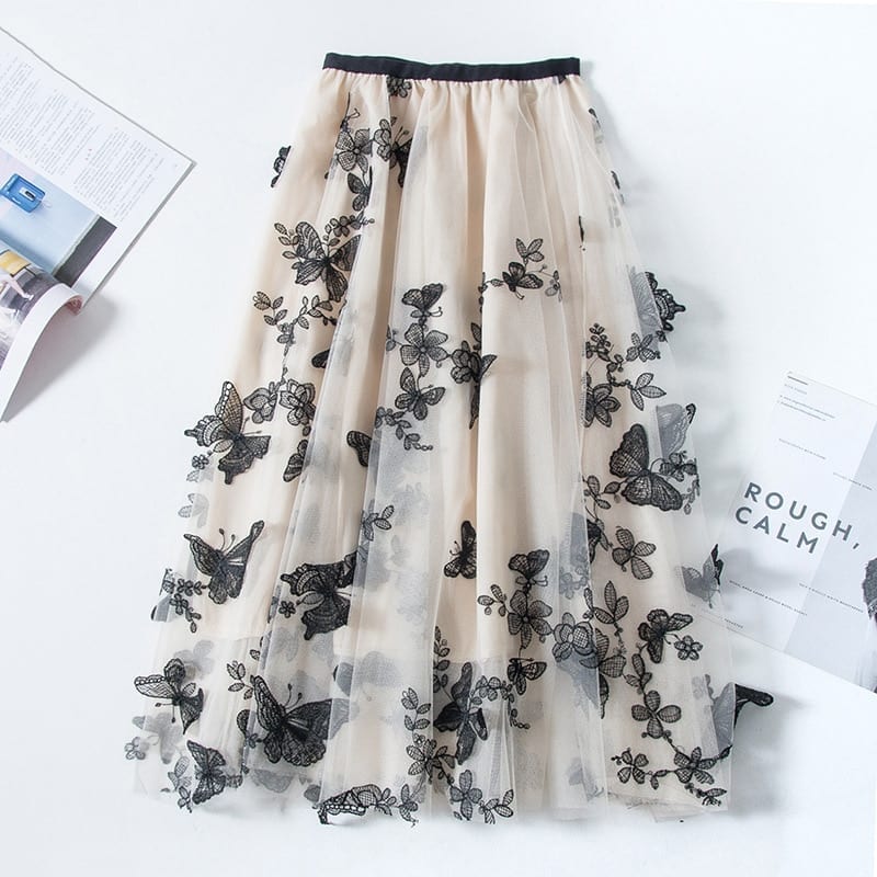 Embroidery butterfly mesh midi skirt