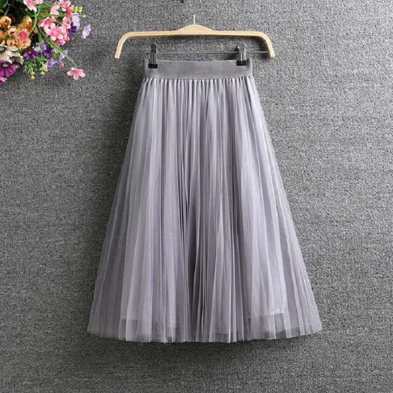 Vintage Elastic High Waist Elegant Midi Pleated Mesh Tulle Skirt - Skirts - Uniqistic.com