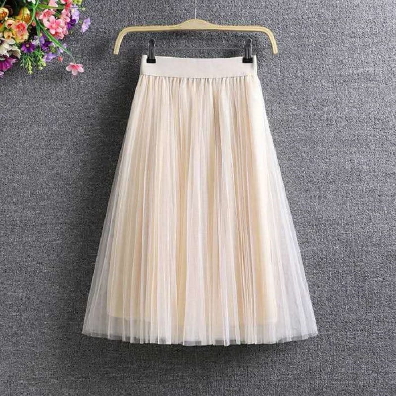 Vintage Elastic High Waist Elegant Midi Pleated Mesh Tulle Skirt - Skirts - Uniqistic.com