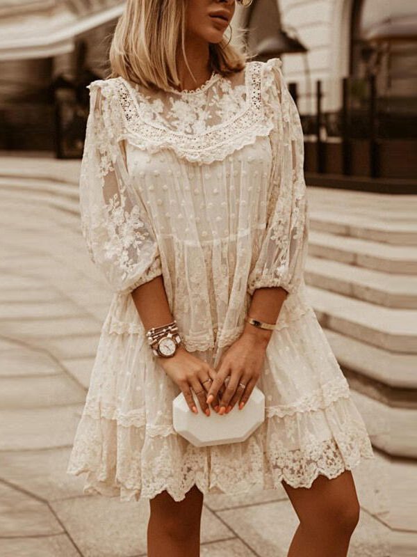 Elegant Embroidery O-Neck Loose Lace Mesh Mini Dress in Dresses