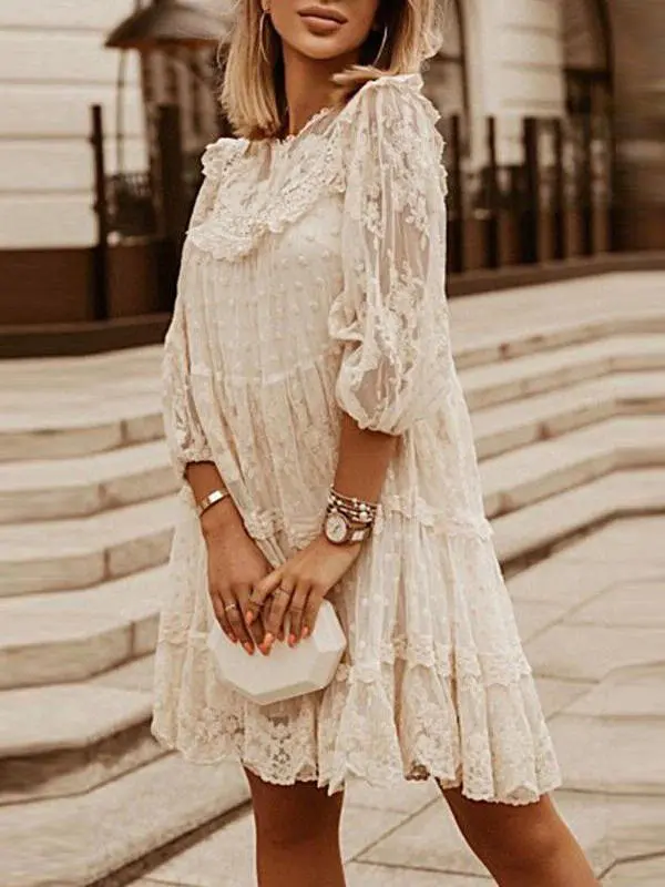 Elegant Embroidery O-Neck Loose Lace Mesh Mini Dress in Dresses