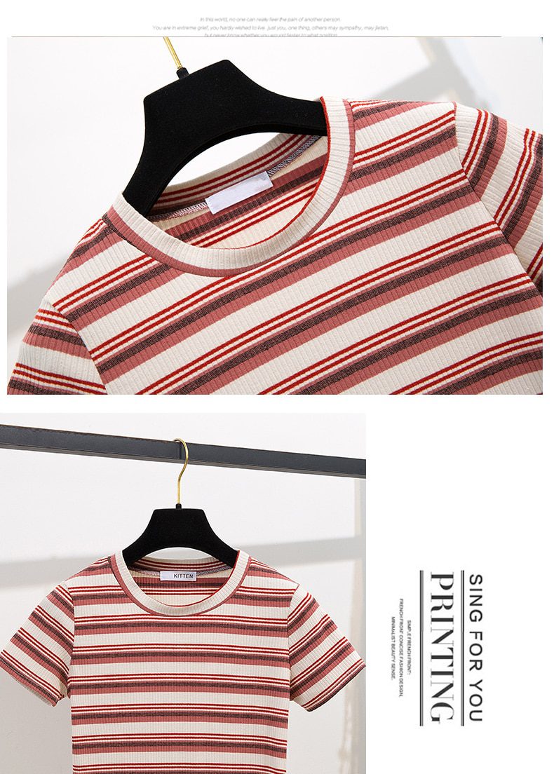Striped T-Shirt Tops + Denim Shorts 2 Piece Set in T-shirts & Tops