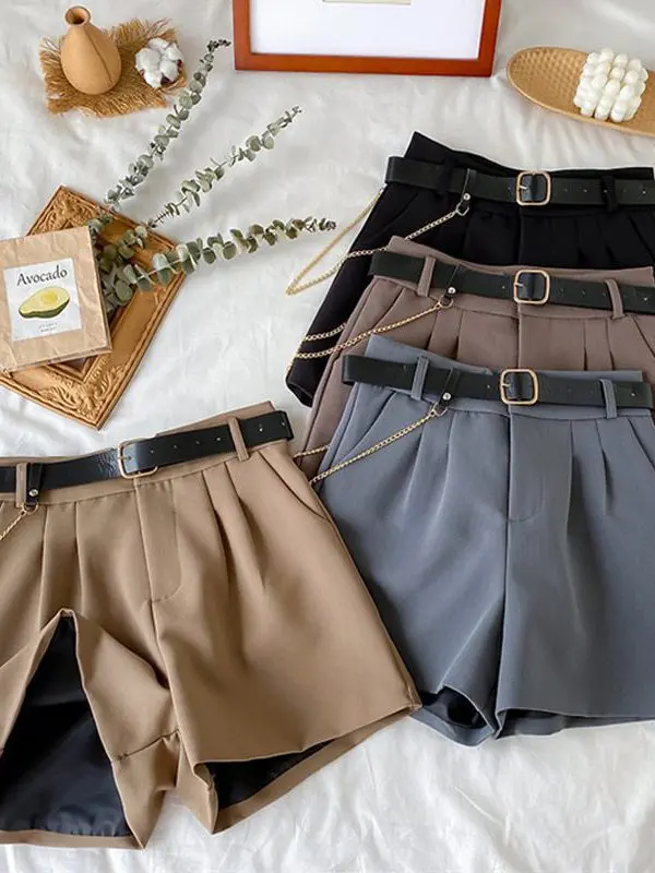 High Waist Thin A-Line Office Shorts With Belt in Shorts