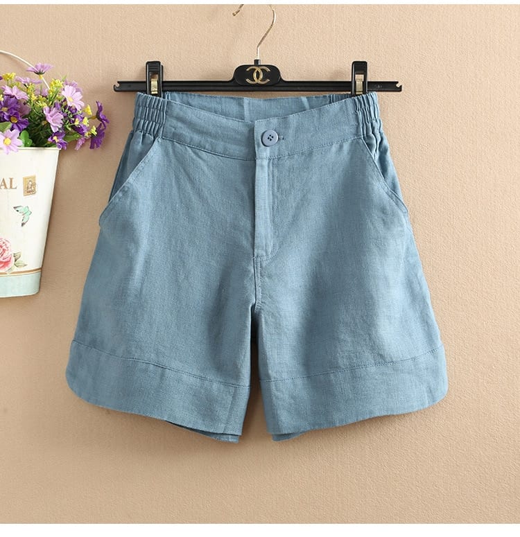 Korea Style Solid Color Wide Leg High Quality Cotton Linen Shorts in Shorts