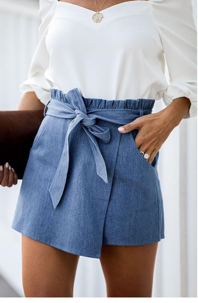 Sky Blue Pocket Sashes Wrap Denim Skirt - Skirts - Uniqistic.com