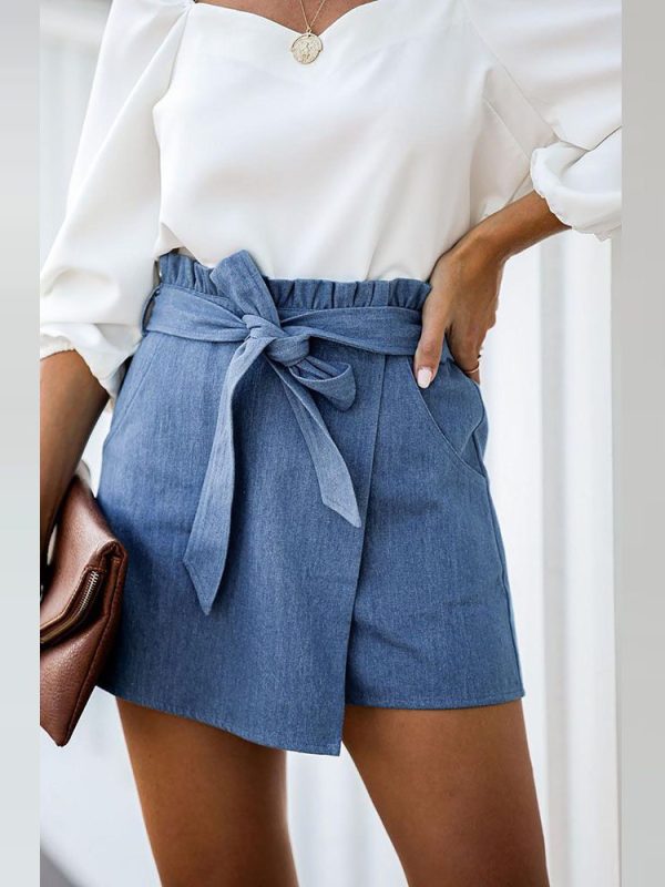 Sky Blue Pocket Sashes Wrap Denim Skirt - Skirts - Uniqistic.com