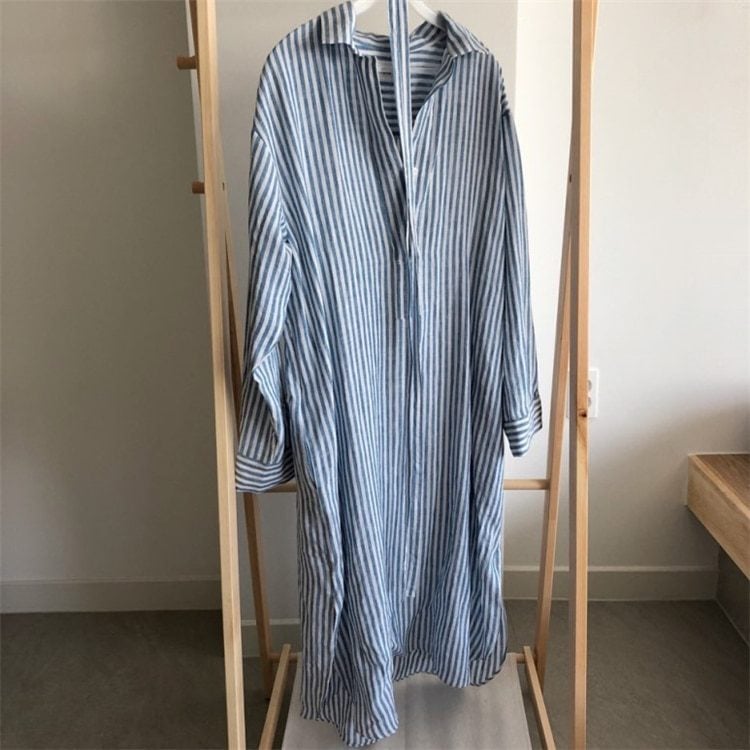 Striped Lapel Single-Breasted Lace Up Loose Cotton Linen Shirt Dress in Dresses