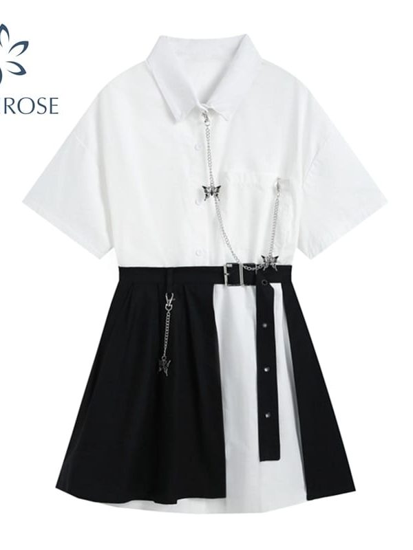 Vintage gothic white short sleeve high waist fake two pieces streetwear harajuku dress