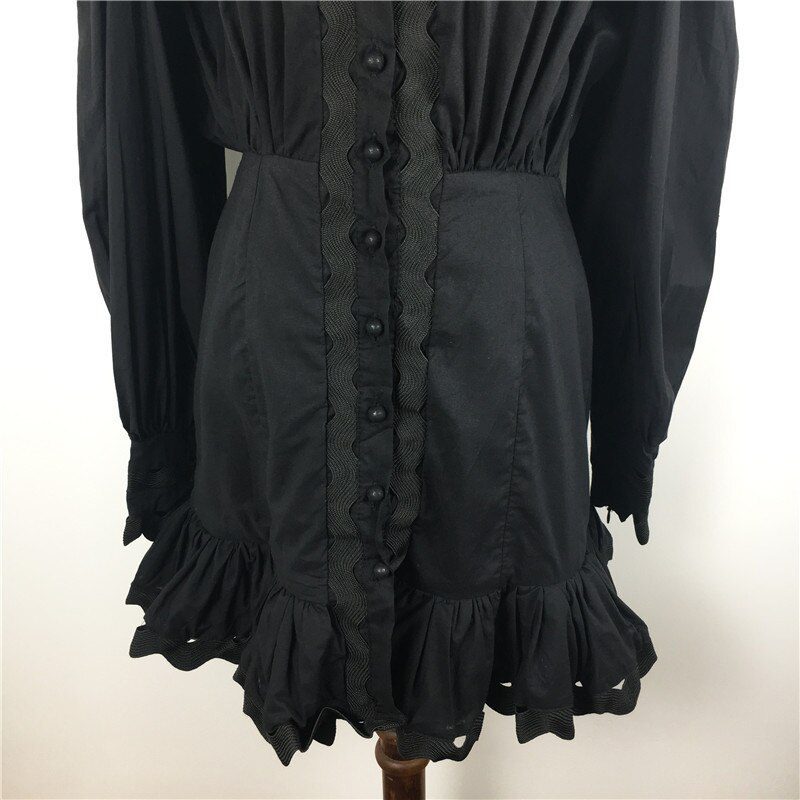 Hollow Out Patchwork Lantern Sleeve Button Black White Shirt Mermaid Mini Dress in Dresses