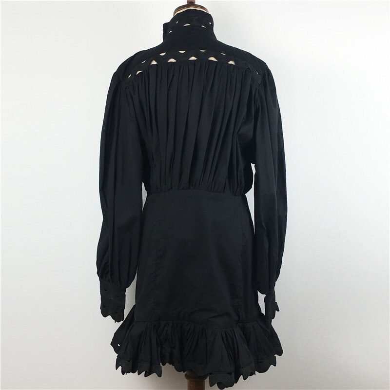 Hollow Out Patchwork Lantern Sleeve Button Black White Shirt Mermaid Mini Dress in Dresses