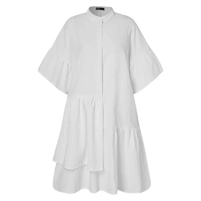 O-Neck Half Sleeve Solid Pleated Ruffles Loose Shirt Dress - Dresses - Uniqistic.com