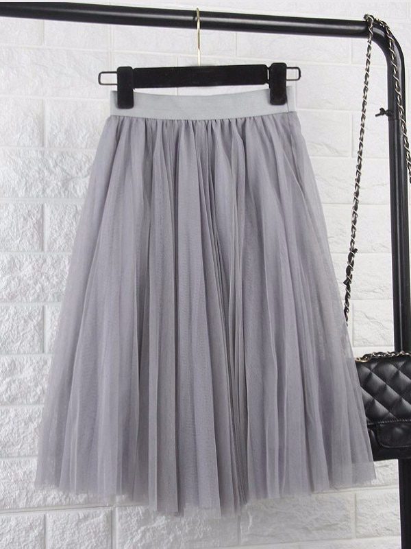4 Layers Tulle Elastic High Waist Pleated Midi Skirt in Skirts