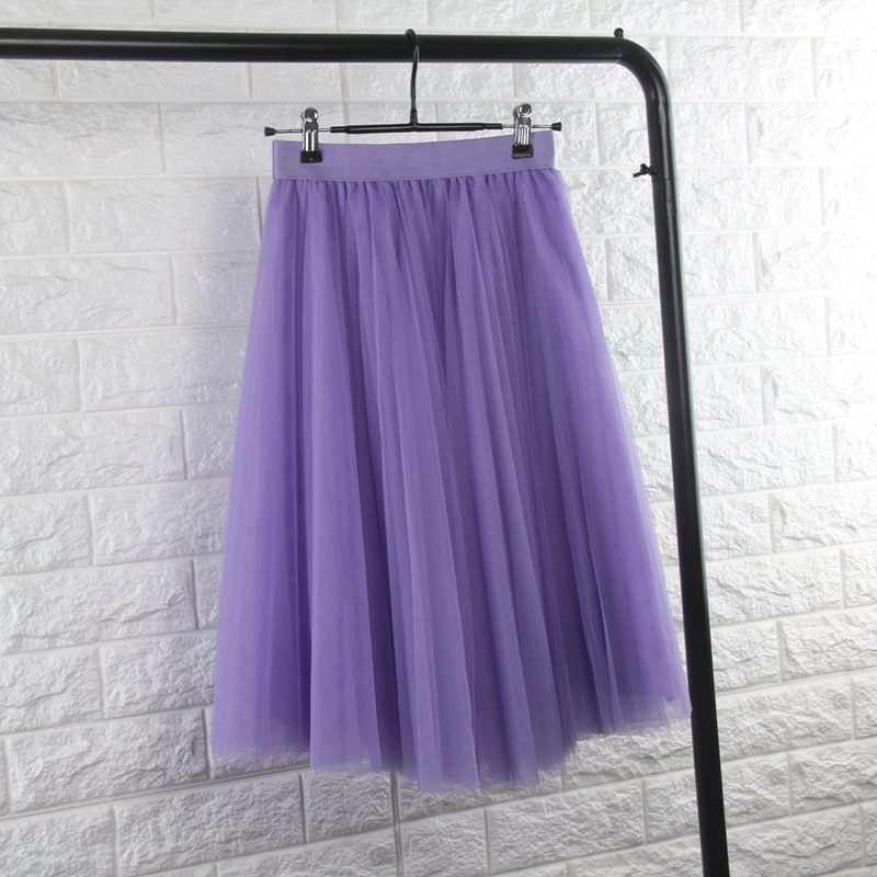 4 Layers Tulle Elastic High Waist Pleated Midi Skirt in Skirts