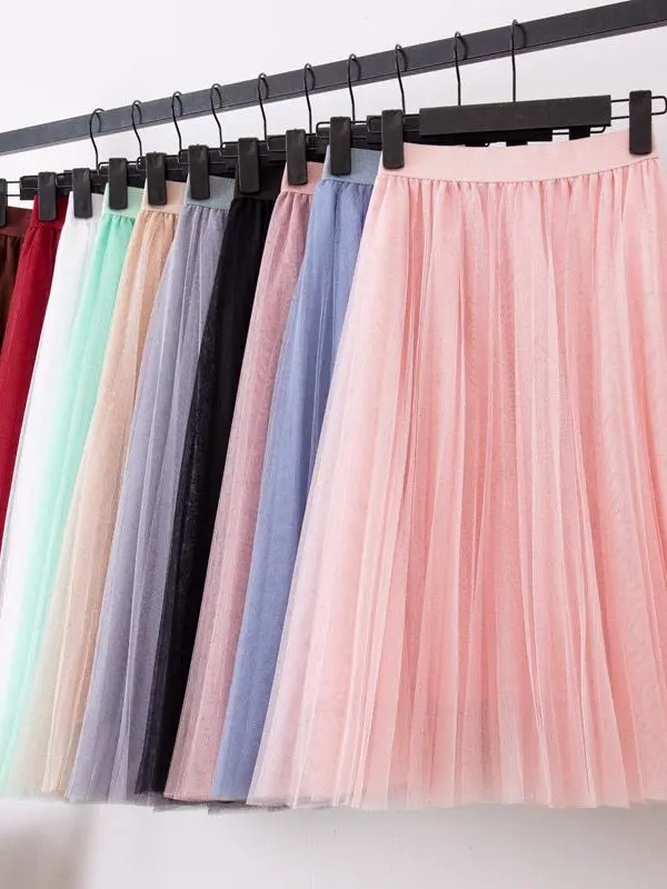 4 Layers Tulle Elastic High Waist Pleated Midi Skirt - Skirts - Uniqistic.com