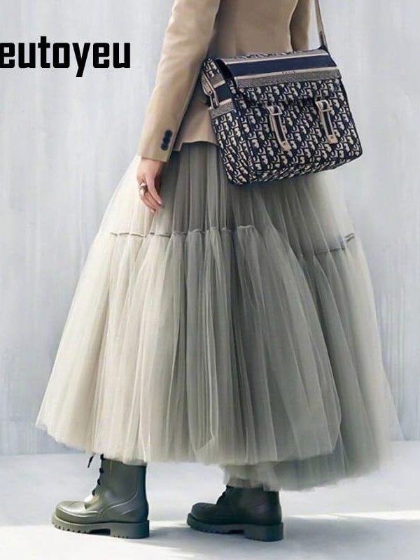 Vintage gothic pleated long tulle high waisted soft mesh skirt