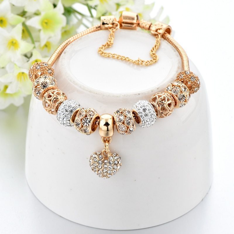 Gold Heart Chain Charm Crystal Bracelet in Bracelet & Anklets