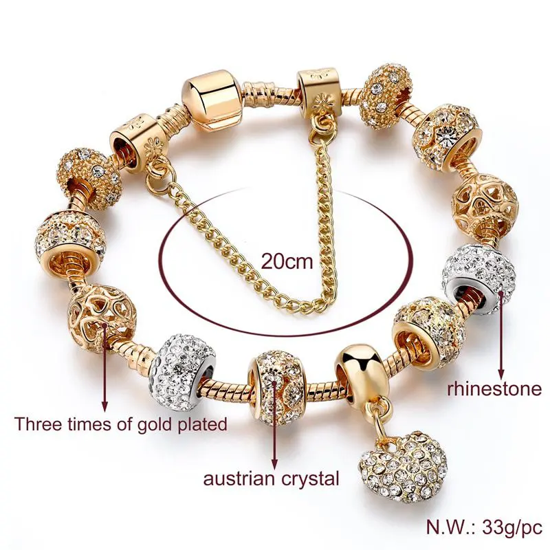 Gold Heart Chain Charm Crystal Bracelet - Bracelet & Anklets - Uniqistic.com