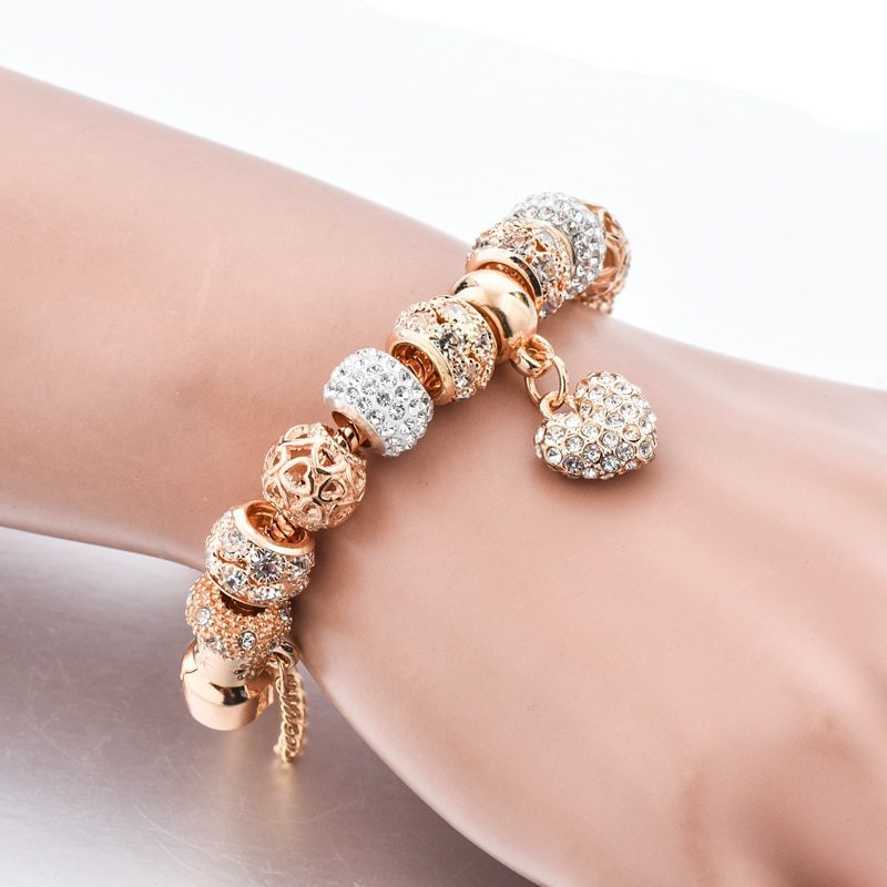 Gold Heart Chain Charm Crystal Bracelet in Bracelet & Anklets