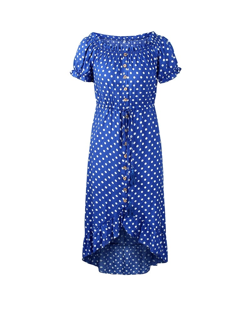 Dot Polka Print Tassel Button Off The Shoulder Slash Neck Summer Dress in Dresses