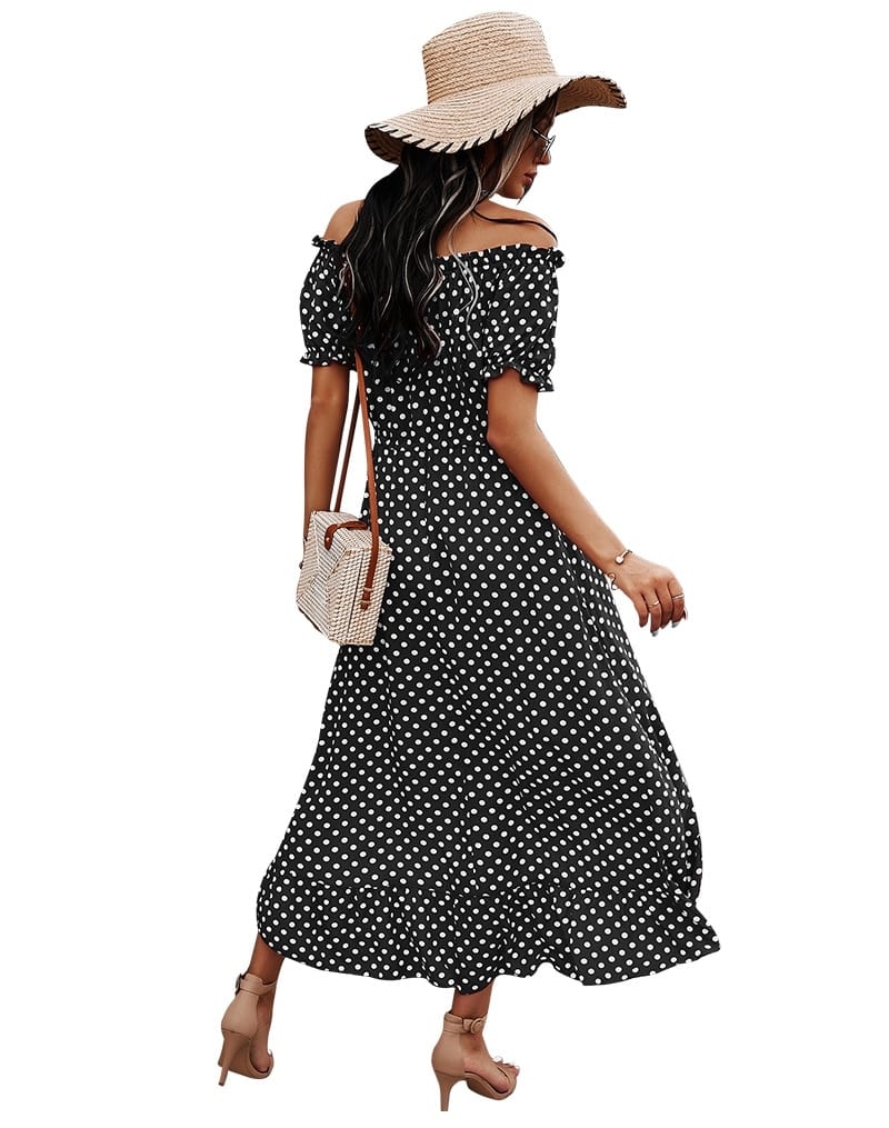Dot Polka Print Tassel Button Off The Shoulder Slash Neck Summer Dress in Dresses