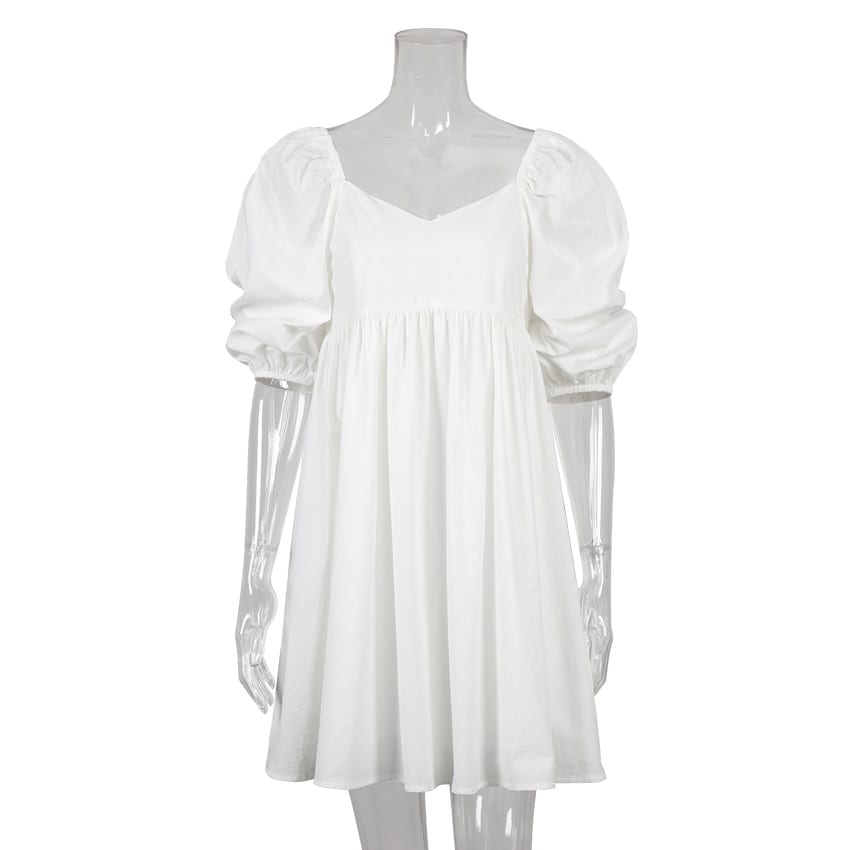 Elegant Square Collar Puff Short Sleeve High Waist A-Line Dress in Dresses